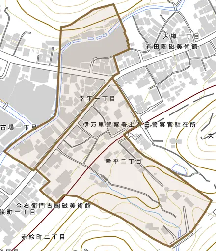 幸平とその周辺の地図。町の範囲を重ねている