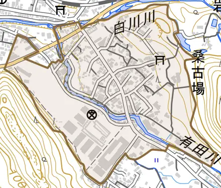 桑古場とその周辺の地図。町の範囲を重ねている