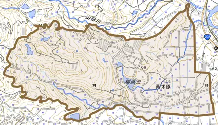桑木原とその周辺の地図。町の範囲を重ねている