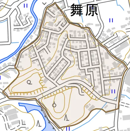 舞原とその周辺の地図。町の範囲を重ねている