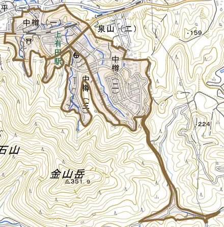 中樽とその周辺の地図。町の範囲を重ねている