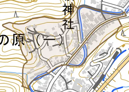 中の原とその周辺の地図。町の範囲を重ねている