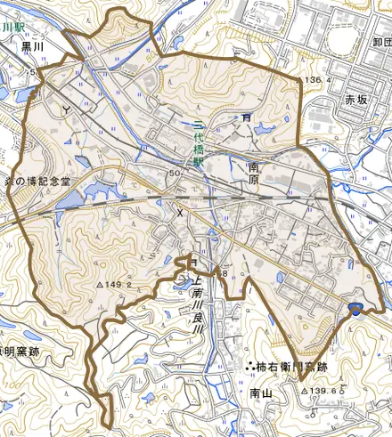 南原とその周辺の地図。町の範囲を重ねている