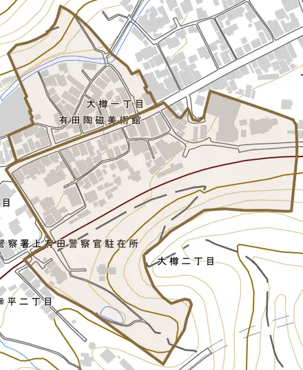 大樽とその周辺の地図。町の範囲を重ねている