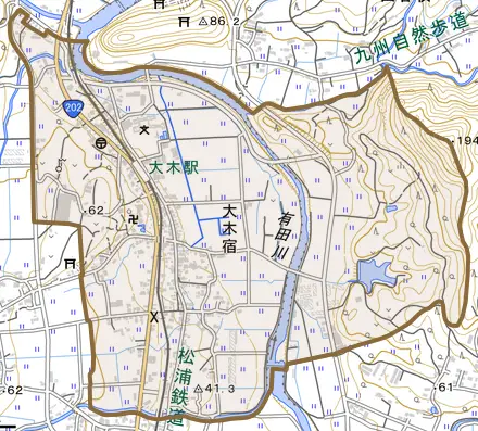 大木宿とその周辺の地図。町の範囲を重ねている
