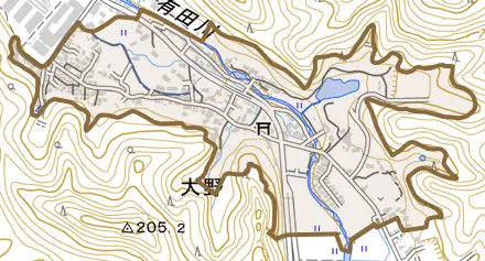 大野とその周辺の地図。町の範囲を重ねている