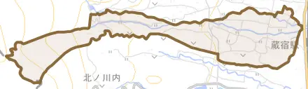 下内野とその周辺の地図。町の範囲を重ねている