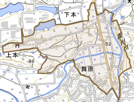 下本とその周辺の地図。町の範囲を重ねている