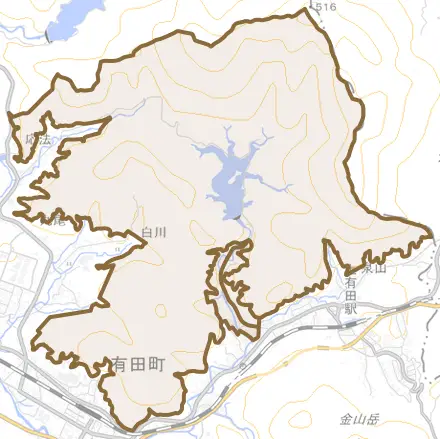 白川とその周辺の地図。町の範囲を重ねている