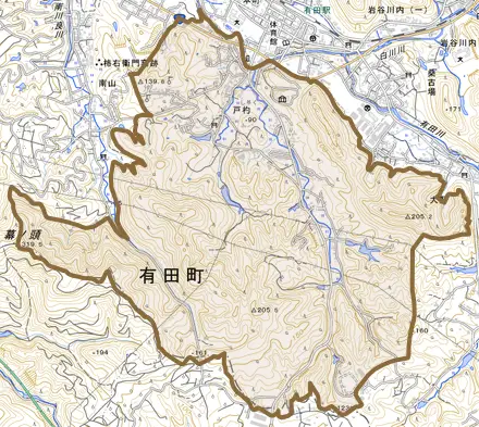 戸杓とその周辺の地図。町の範囲を重ねている