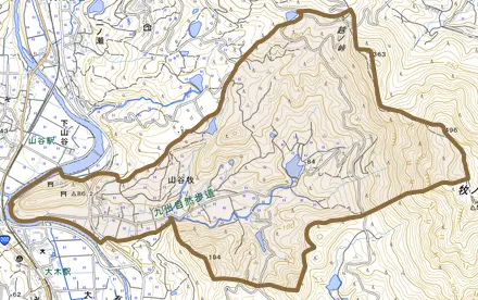 山谷牧とその周辺の地図。町の範囲を重ねている