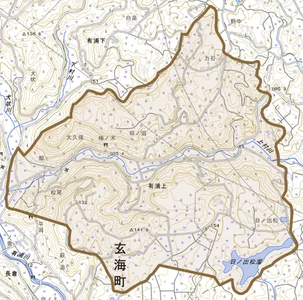 大字有浦上とその周辺の地図。町の範囲を重ねている