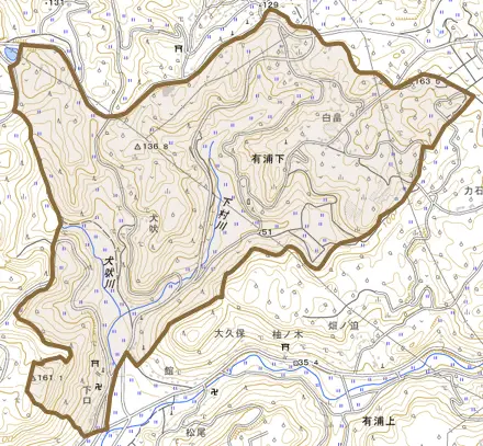 大字有浦下とその周辺の地図。町の範囲を重ねている