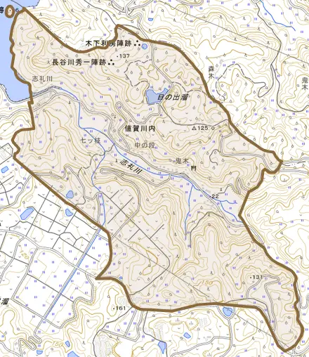 大字値賀川内とその周辺の地図。町の範囲を重ねている