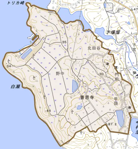 大字普恩寺とその周辺の地図。町の範囲を重ねている