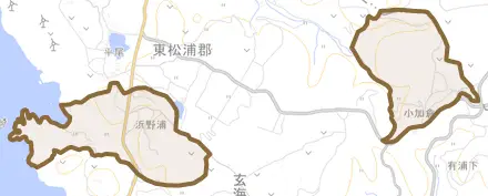 大字浜野浦とその周辺の地図。町の範囲を重ねている