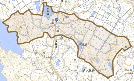 大字平尾とその周辺の地図。町の範囲を重ねている