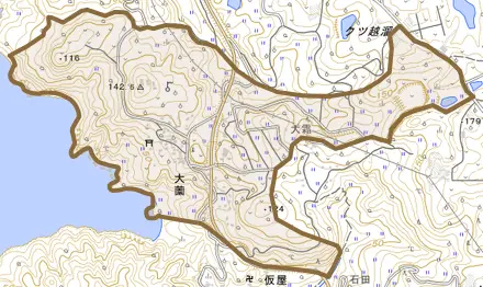 大字大薗とその周辺の地図。町の範囲を重ねている
