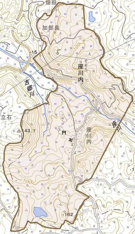 大字座川内とその周辺の地図。町の範囲を重ねている