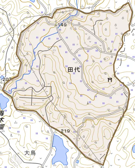 大字田代とその周辺の地図。町の範囲を重ねている