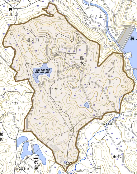 大字轟木とその周辺の地図。町の範囲を重ねている