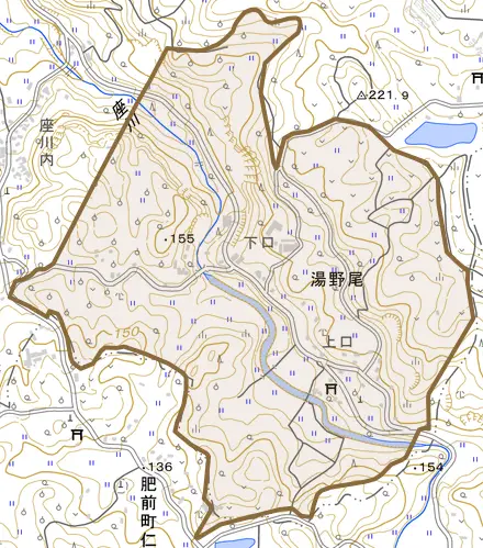 大字湯野尾とその周辺の地図。町の範囲を重ねている