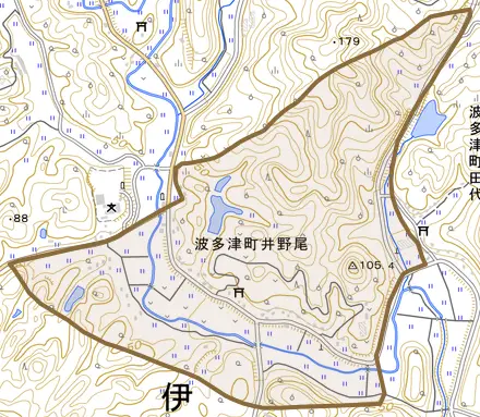 波多津町井野尾とその周辺の地図。町の範囲を重ねている