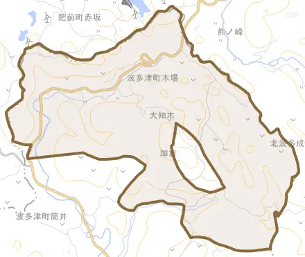 波多津町木場とその周辺の地図。町の範囲を重ねている