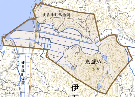 波多津町馬蛤潟とその周辺の地図。町の範囲を重ねている