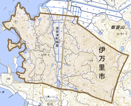 波多津町煤屋とその周辺の地図。町の範囲を重ねている