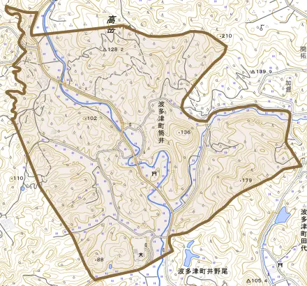 波多津町筒井とその周辺の地図。町の範囲を重ねている