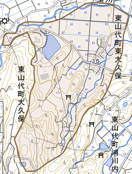 東山代町東大久保とその周辺の地図。町の範囲を重ねている