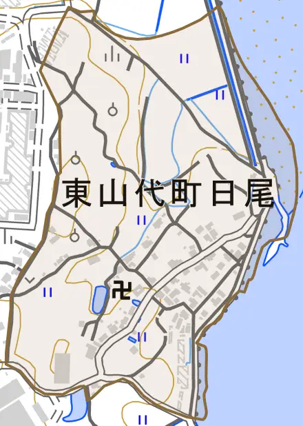 東山代町日尾とその周辺の地図。町の範囲を重ねている