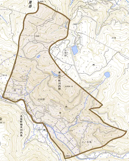 東山代町川内野とその周辺の地図。町の範囲を重ねている