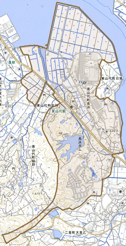 東山代町長浜とその周辺の地図。町の範囲を重ねている