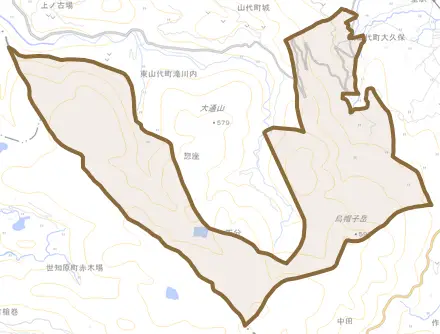 東山代町大久保とその周辺の地図。町の範囲を重ねている
