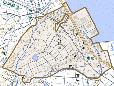 東山代町里とその周辺の地図。町の範囲を重ねている