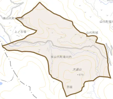 東山代町滝川内とその周辺の地図。町の範囲を重ねている