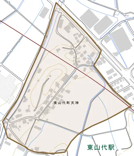 東山代町天神とその周辺の地図。町の範囲を重ねている