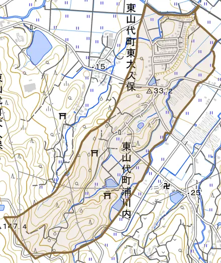東山代町浦川内とその周辺の地図。町の範囲を重ねている