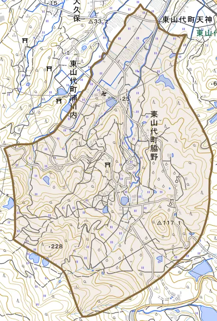 東山代町脇野とその周辺の地図。町の範囲を重ねている