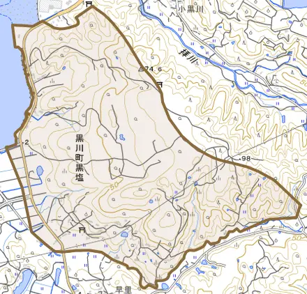 黒川町黒塩とその周辺の地図。町の範囲を重ねている
