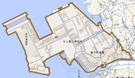 黒川町塩屋とその周辺の地図。町の範囲を重ねている