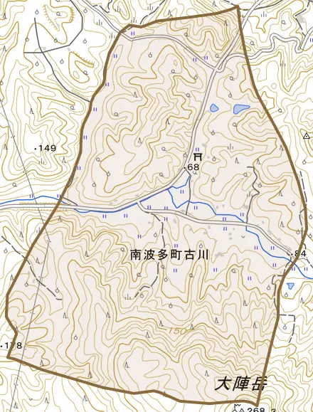 南波多町古川とその周辺の地図。町の範囲を重ねている
