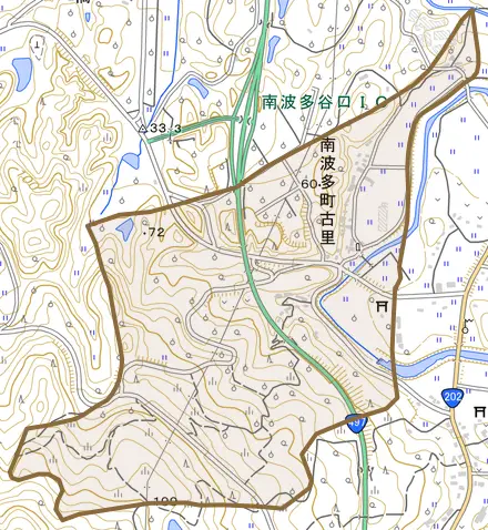 南波多町古里とその周辺の地図。町の範囲を重ねている