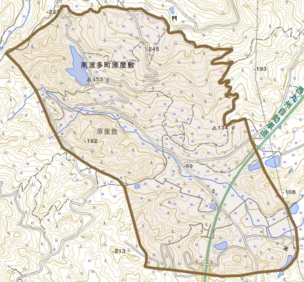 南波多町原屋敷とその周辺の地図。町の範囲を重ねている