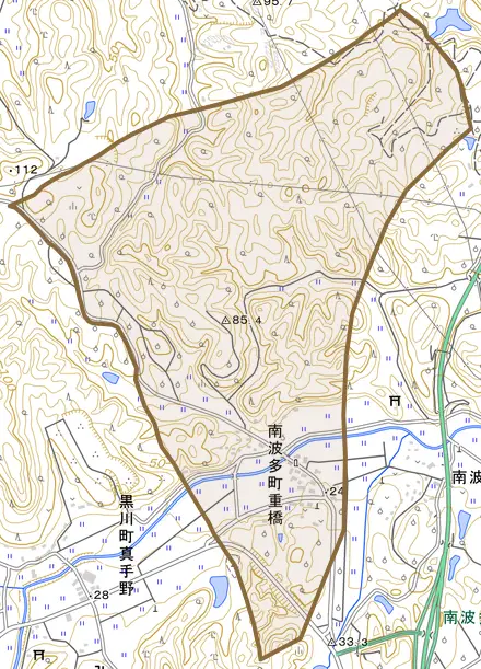南波多町重橋とその周辺の地図。町の範囲を重ねている