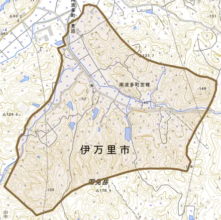 南波多町笠椎とその周辺の地図。町の範囲を重ねている