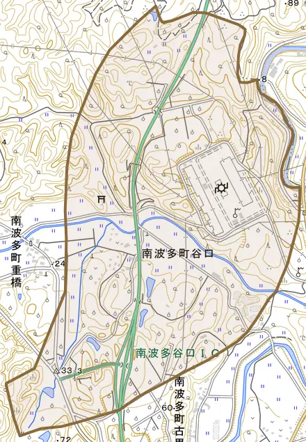 南波多町谷口とその周辺の地図。町の範囲を重ねている