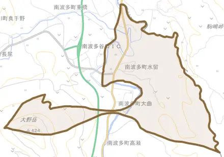 南波多町水留とその周辺の地図。町の範囲を重ねている